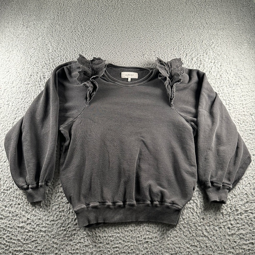 The Great Sweatshirt Womens 1 Gray Ruffle Shoulder 100% Cotton Made in USA